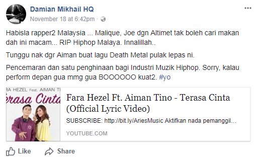 aiman tino satu pencemaran penghinaan bagi industri muzik hip hop damian ve 2