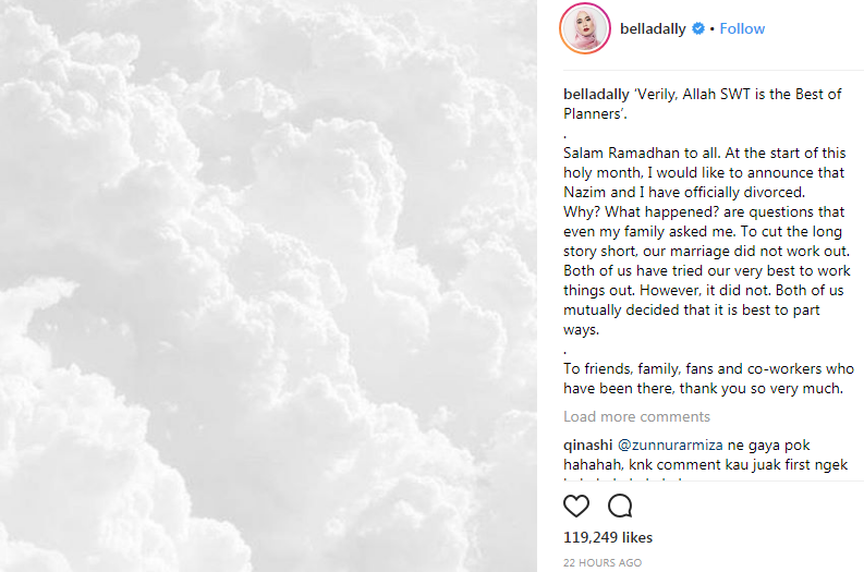 bella dally umum bercerai dengan nazim othman pada 1 ramadhan 2