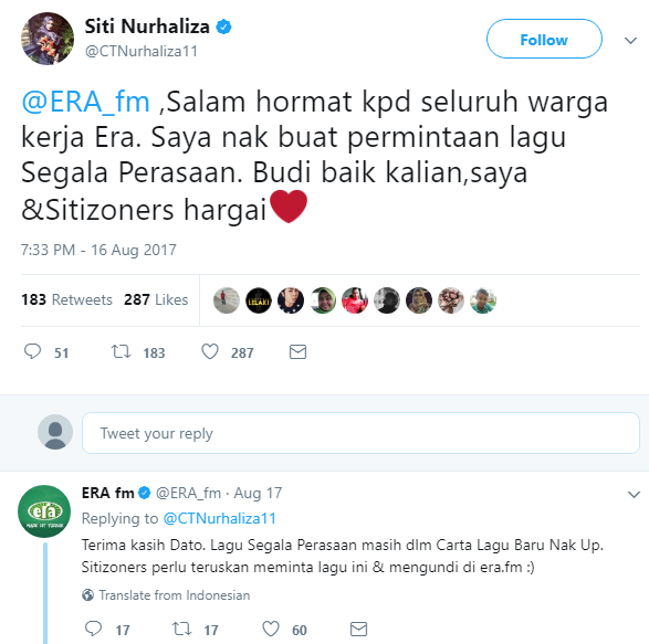 datuk siti nurhaliza minta radio putarkan lagu sendiri di twitter 1