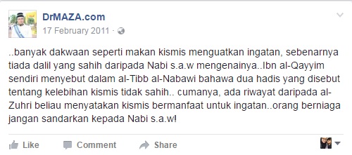 dr maza menolak dakwaan kismis itu boleh menguatkan ingatan kerana tiada dalil sahih