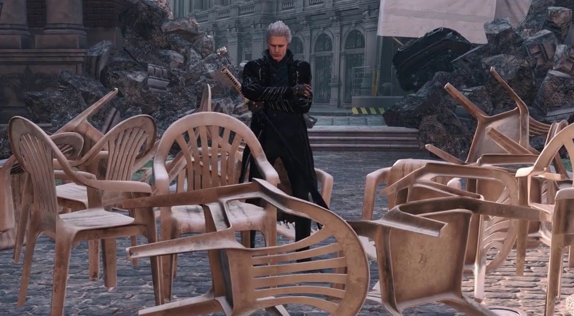 kerusi monobloc dalam game devil may cry 5