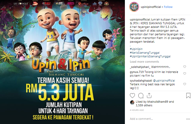 kutipan luar biasa filem upin dan ipin keris siamang tunggal selepas 4 hari 2