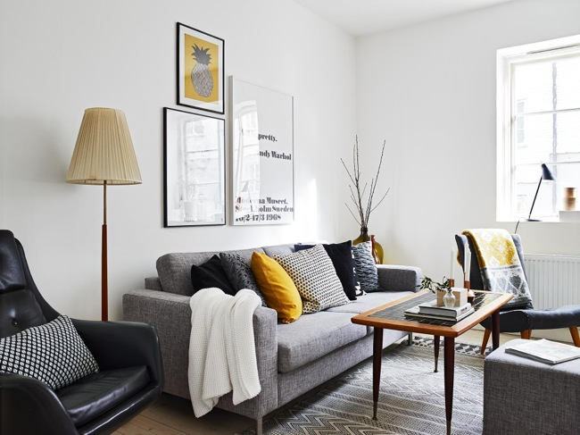 monochrome scandinavian with pops of yellow