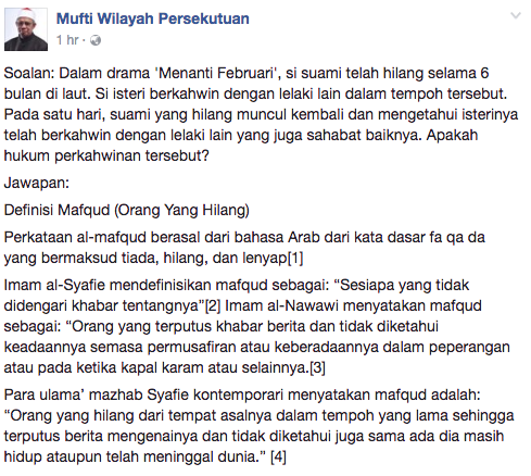 mufti wilayah persekutuan jawab kekeliruan netizen terhadap pengakhiran drama menanti februari 1