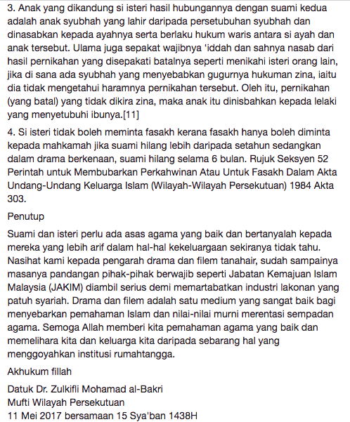 mufti wilayah persekutuan jawab kekeliruan netizen terhadap pengakhiran drama menanti februari 8