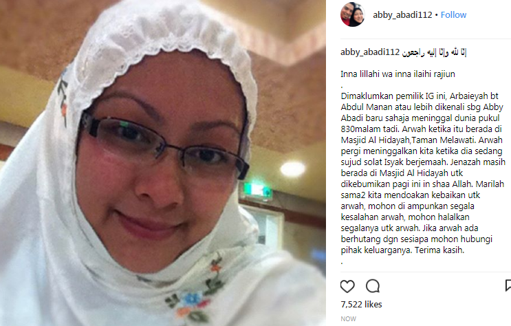 peminat terkejut abby abadi umum meninggal dunia 1