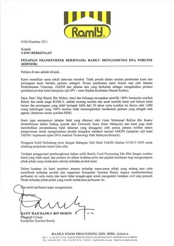 surat penafian produk ramly burger mengandungi dna babi