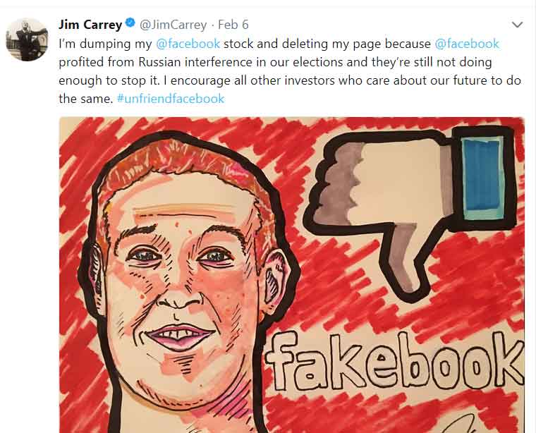 twit jim carrey berkenaan facebook unfriendfacebook